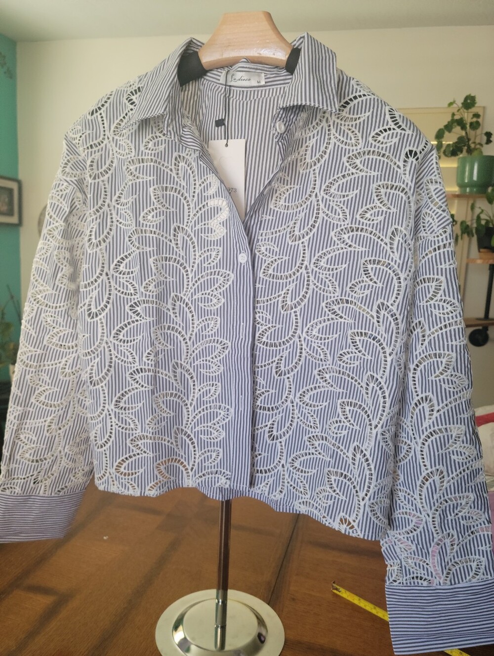 La Diosa White Eyelet Lace Overlay Navy Stripe Shirt Jacket